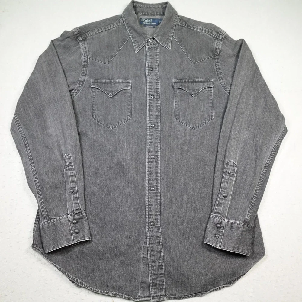 Vintage Polo Ralph Lauren Western Shirt Mens L Grey Denim Pearl Snap Cowboy barn